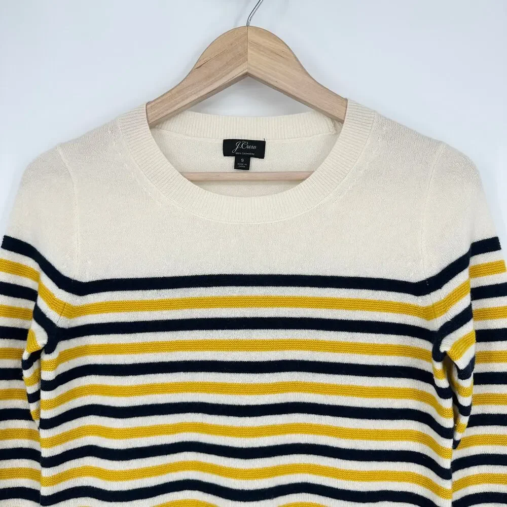 J. Crew 100% Cashmere Everyday Striped Crew Neck Sweater 3/4 Sleeve Preppy